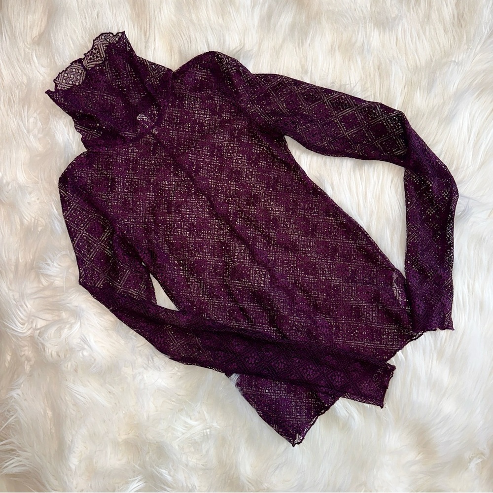 FP Lace Long Sleeve Sheer Turtleneck Top